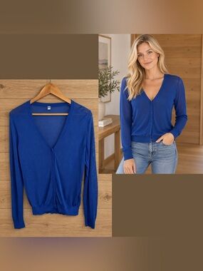 Uniqlo Tencel Blend Royal Blue V-Neck Button Cardigan